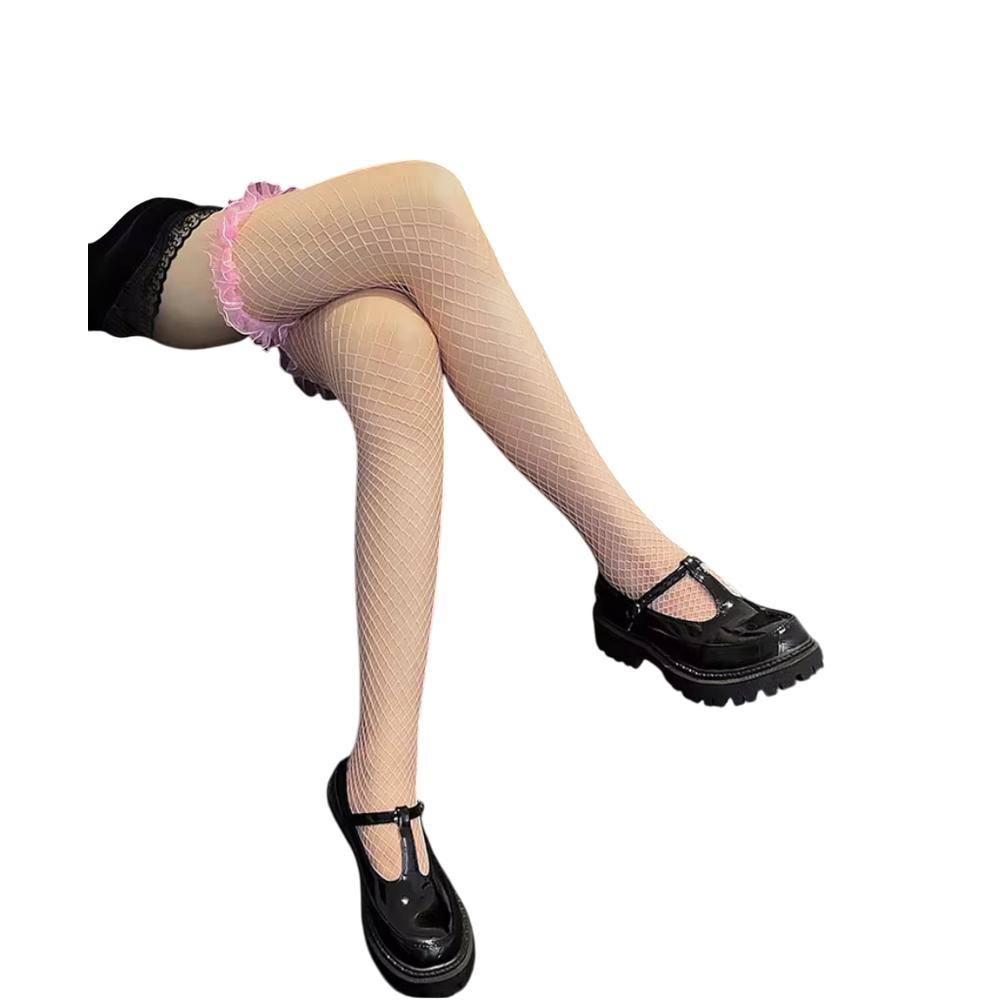 Pink Ruffle-Top Fishnet Tights – Cute, Playful & Soft-Girl Approved
